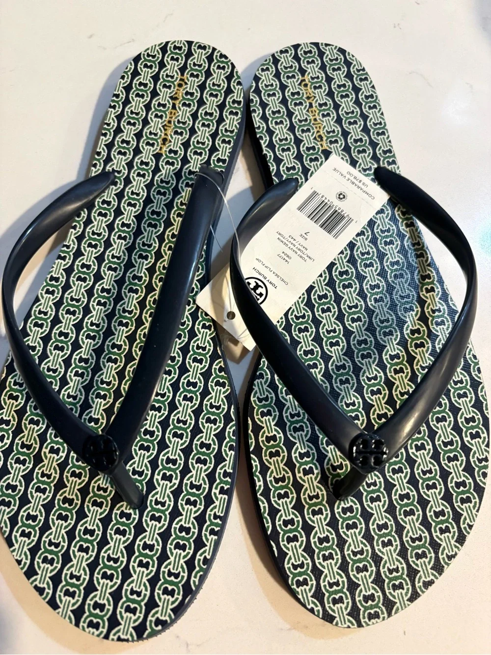 Tory Burch Navy Patterned Logo-Print Flip Flop Sandals